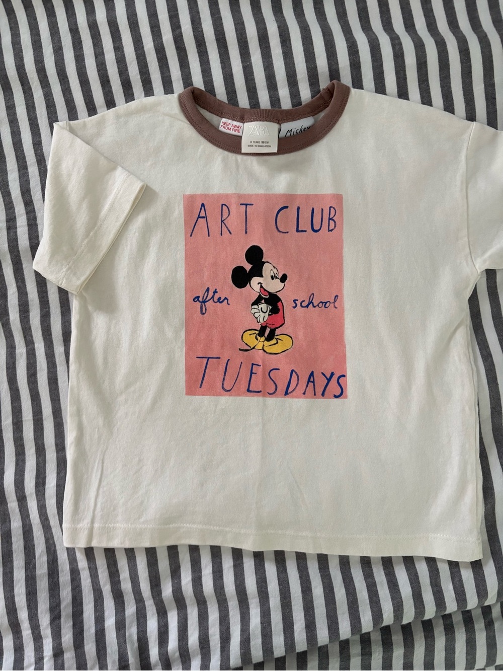 Zara Cream Tee with Pink Mickey Graphic and Brown Trim